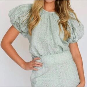 Never A Wallflower Eyelet Gathered Neck Top In Seafoam In Green